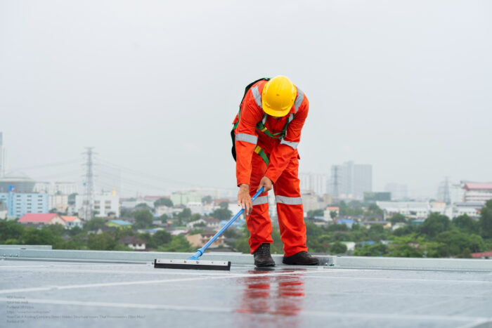 A Man In An Orange Jumpsuit Is Cleaning A Roof With A Squeegee